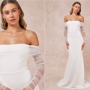 LULU's Beautifully Beloved White Mesh Off-the-Shoulder Bridal Gown NWOT